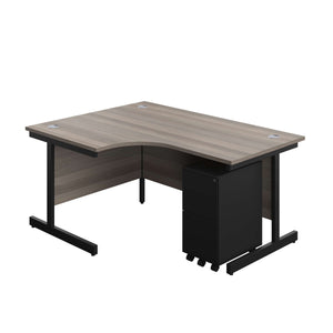 Single Upright Left Hand Radial Desk + Slimline Steel Pedestal 3 Drawers (FSC) | 1600 X 1200 | Grey Oak/Black
