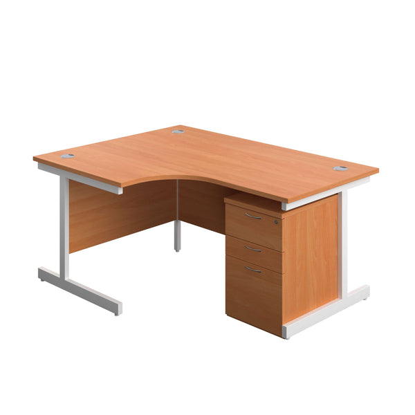 Single Upright Left Hand Radial Desk + High Mobile Pedestal 3 Drawer (FSC) | 1600 X 1200 | Beech/White