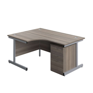 Single Upright Left Hand Radial Desk + High Mobile Pedestal 3 Drawer (FSC) | 1600 X 1200 | Grey Oak/Silver