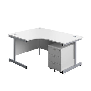Single Upright Left Hand Radial Desk + Mobile 3 Drawer Pedestal (FSC) | 1600 X 1200 | White/Silver