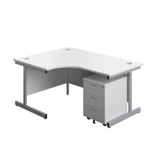 Single Upright Left Hand Radial Desk + Mobile 3 Drawer Pedestal (FSC) | 1600 X 1200 | White/Silver