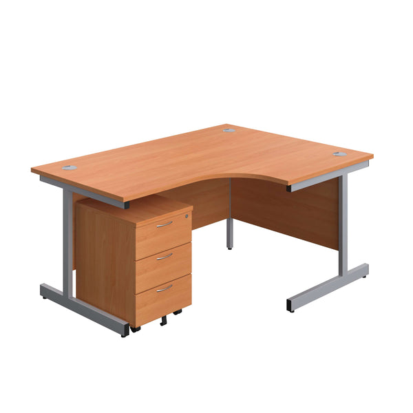 Single Upright Right Hand Radial Desk + Mobile 3 Drawer Pedestal (FSC) | 1600 X 1200 | Beech/Silver