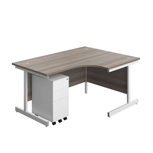 Single Upright Right Hand Radial Desk + Slimline Steel Pedestal 3 Drawers (FSC) | 1600 X 1200 | Grey Oak/White