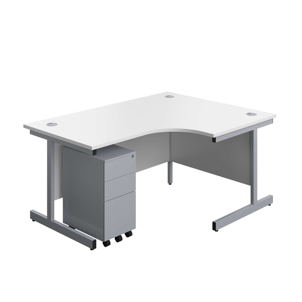 Single Upright Right Hand Radial Desk + Slimline Steel Pedestal 3 Drawers (FSC) | 1600 X 1200 | White/Silver