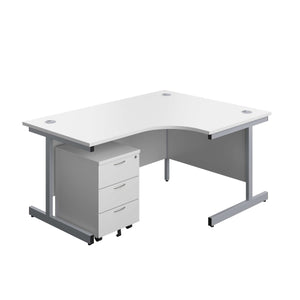 Single Upright Right Hand Radial Desk + Mobile 3 Drawer Pedestal (FSC) | 1600 X 1200 | White/Silver