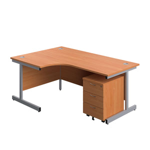 Single Upright Left Hand Radial Desk + Mobile 3 Drawer Pedestal (FSC) | 1800 X 1200 | Beech/Silver