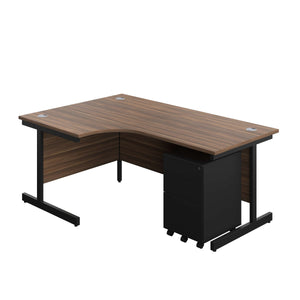 Single Upright Left Hand Radial Desk + Under Desk Steel Pedestal 3 Drawers (FSC) | 1800 X 1200 | Dark Walnut/Black