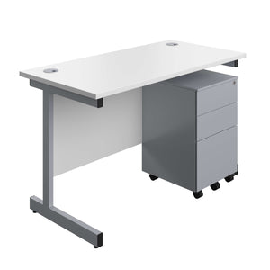 Single Upright Rectangular Desk + Under Desk Steel Pedestal 3 Drawers (FSC) | 1200 X 600 | White/Silver