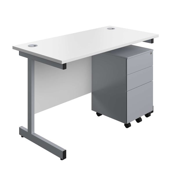 Single Upright Rectangular Desk + Under Desk Steel Pedestal 3 Drawers (FSC) | 1200 X 600 | White/Silver