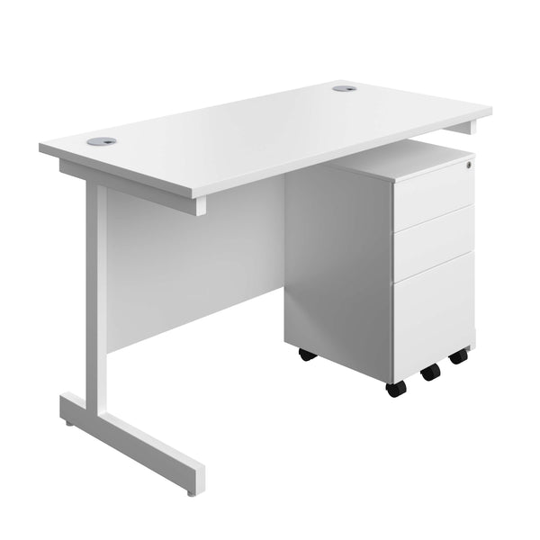 Single Upright Rectangular Desk + Under Desk Steel Pedestal 3 Drawers (FSC) | 1200 X 600 | White/White