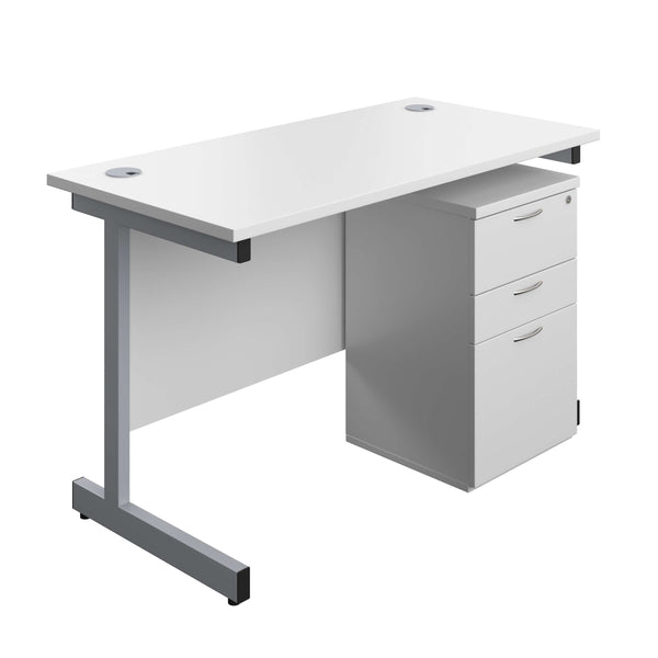 Single Upright Rectangular Desk + High Mobile Pedestal 3 Drawer (FSC) | 1200 X 600 | White/Silver