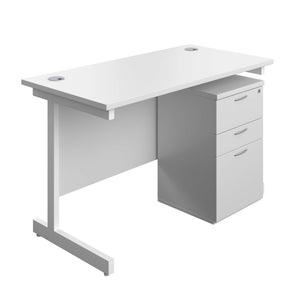 Single Upright Rectangular Desk + High Mobile Pedestal 3 Drawer (FSC) | 1200 X 600 | White/White