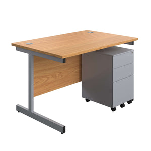 Single Upright Rectangular Desk + Under Desk Steel Pedestal 3 Drawers (FSC) | 1200 X 800 | Nova Oak/Silver