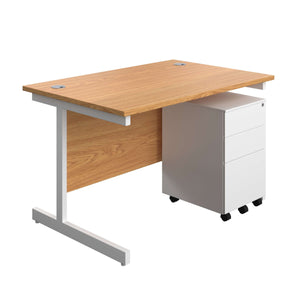 Single Upright Rectangular Desk + Under Desk Steel Pedestal 3 Drawers (FSC) | 1200 X 800 | Nova Oak/White