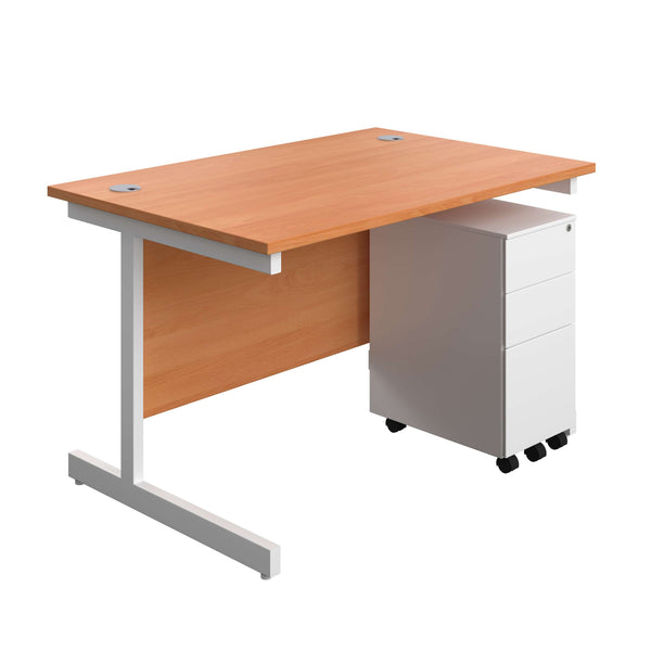 Single Upright Rectangular Desk + Slimline Steel Pedestal 3 Drawers (FSC) | 1200 X 800 | Beech/White