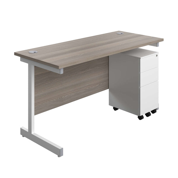 Single Upright Rectangular Desk + Slimline Steel Pedestal 3 Drawers (FSC) | 1400 X 600 | Grey Oak/White