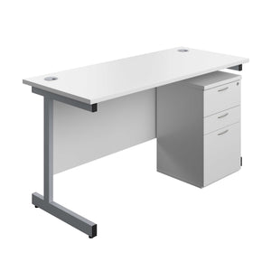 Single Upright Rectangular Desk + High Mobile Pedestal 3 Drawer (FSC) | 1400 X 600 | White/Silver