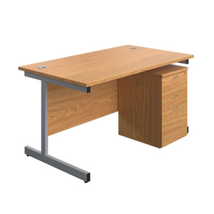 Single Upright Rectangular Desk + High Mobile Pedestal 3 Drawer (FSC) | 1400 X 800 | Nova Oak/Silver