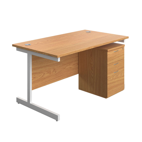 Single Upright Rectangular Desk + High Mobile Pedestal 3 Drawer (FSC) | 1400 X 800 | Nova Oak/White