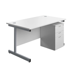 Single Upright Rectangular Desk + High Mobile Pedestal 3 Drawer (FSC) | 1400 X 800 | White/Silver