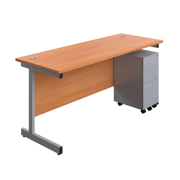 Single Upright Rectangular Desk + Slimline Steel Pedestal 3 Drawers (FSC) | 1600 X 600 | Beech/Silver