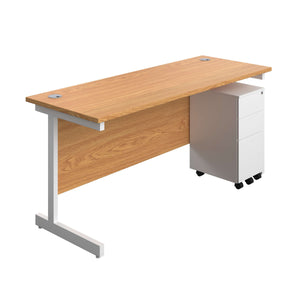 Single Upright Rectangular Desk + Slimline Steel Pedestal 3 Drawers (FSC) | 1600 X 600 | Nova Oak/White