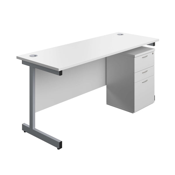 Single Upright Rectangular Desk + High Mobile Pedestal 3 Drawer (FSC) | 1600 X 600 | White/Silver