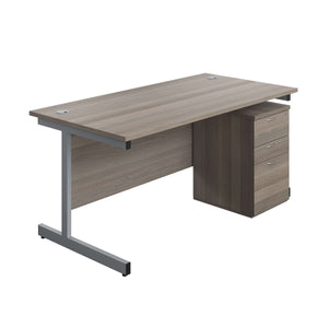Single Upright Rectangular Desk + High Mobile Pedestal 3 Drawer (FSC) | 1600 X 800 | Grey Oak/Silver