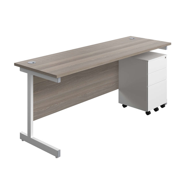 Single Upright Rectangular Desk + Under Desk Steel Pedestal 3 Drawers (FSC) | 1800 X 600 | Grey Oak/White