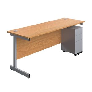 Single Upright Rectangular Desk + Slimline Steel Pedestal 3 Drawers (FSC) | 1800 X 600 | Nova Oak/Silver
