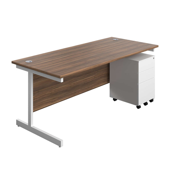 Single Upright Rectangular Desk + Under Desk Steel Pedestal 3 Drawers (FSC) | 1800 X 800 | Dark Walnut/White