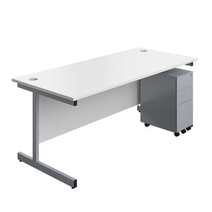 Single Upright Rectangular Desk + Slimline Steel Pedestal 3 Drawers (FSC) | 1800 X 800 | White/Silver