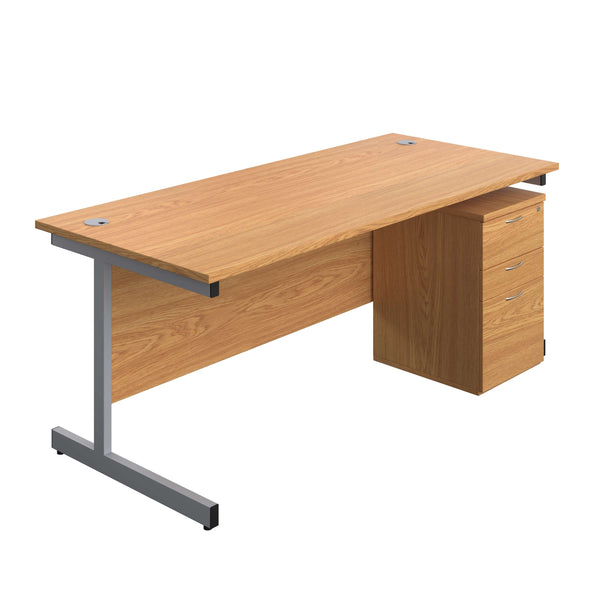 Single Upright Rectangular Desk + High Mobile Pedestal 3 Drawer (FSC) | 1800 X 800 | Nova Oak/Silver