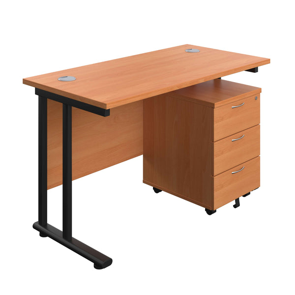Twin Upright Rectangular Desk + Mobile 3 Drawer Pedestal (FSC) | 1200X600 | Beech/Black