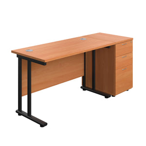 Twin Upright Rectangular Desk + Desk High 3 Drawer Pedestal (FSC) | 1200X600 | Beech/Black