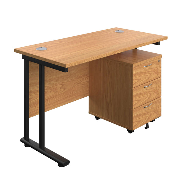 Twin Upright Rectangular Desk + Mobile 3 Drawer Pedestal (FSC) | 1200X600 | Nova Oak/Black