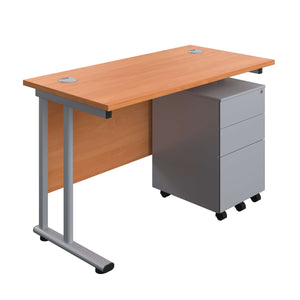 Twin Upright Rectangular Desk + Under Desk Steel Pedestal 3 Drawers (FSC) | 1200X600 | Beech/Silver