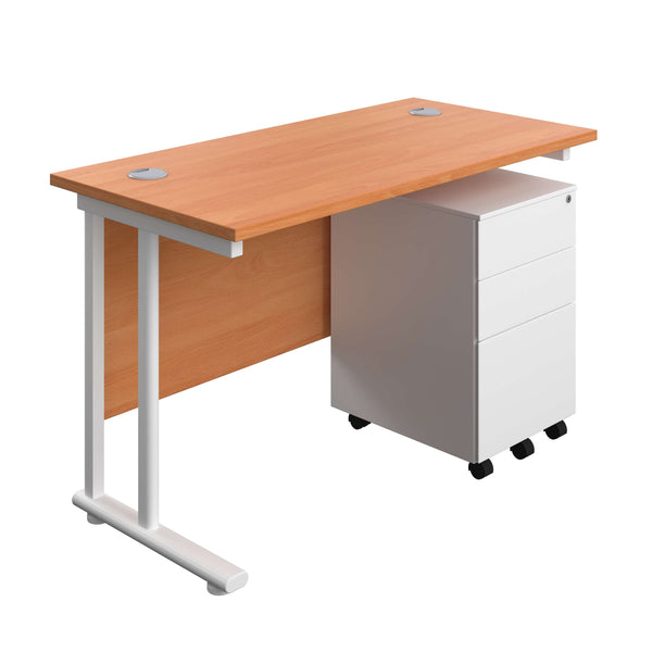 Twin Upright Rectangular Desk + Under Desk Steel Pedestal 3 Drawers (FSC) | 1200X600 | Beech/White