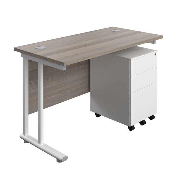 Twin Upright Rectangular Desk + Under Desk Steel Pedestal 3 Drawers (FSC) | 1200X600 | Grey Oak/White