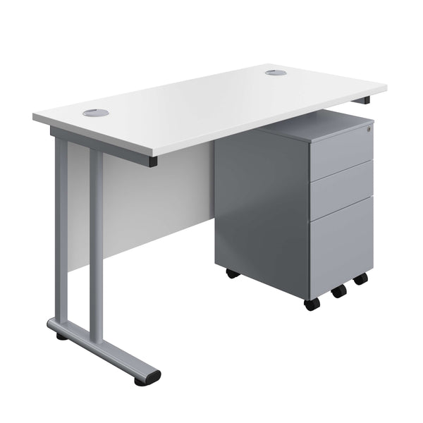 Twin Upright Rectangular Desk + Under Desk Steel Pedestal 3 Drawers (FSC) | 1200X600 | White/Silver