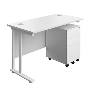 Twin Upright Rectangular Desk + Under Desk Steel Pedestal 3 Drawers (FSC) | 1200X600 | White/White