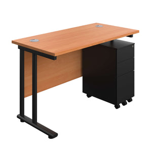 Twin Upright Rectangular Desk + Slimline Steel Pedestal 3 Drawers (FSC) | 1200X600 | Beech/Black