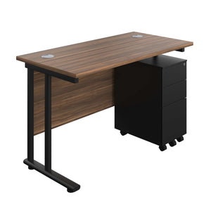 Twin Upright Rectangular Desk + Slimline Steel Pedestal 3 Drawers (FSC) | 1200X600 | Dark Walnut/Black