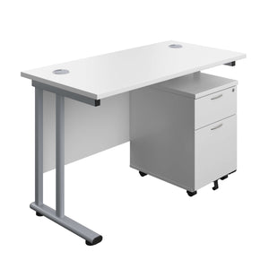 Twin Upright Rectangular Desk + Mobile 2 Drawer Pedestal (FSC) | 1200X600 | White/Silver