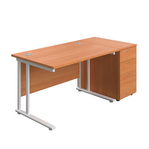 Twin Upright Rectangular Desk + Desk High 3 Drawer Pedestal (FSC) | 1200X800 | Beech/White