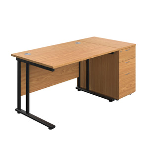 Twin Upright Rectangular Desk + Desk High 3 Drawer Pedestal (FSC) | 1200X800 | Nova Oak/Black