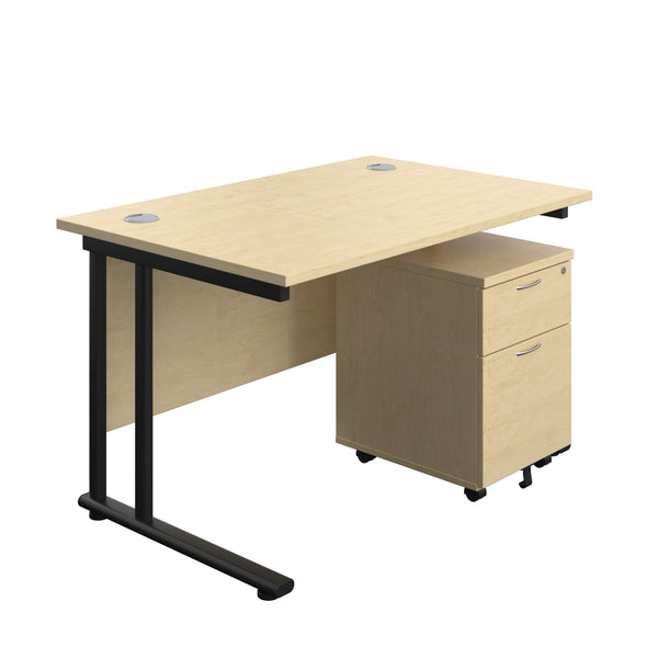 Twin Upright Rectangular Desk + Mobile 2 Drawer Pedestal (FSC) | 1200X800 | Maple/Black