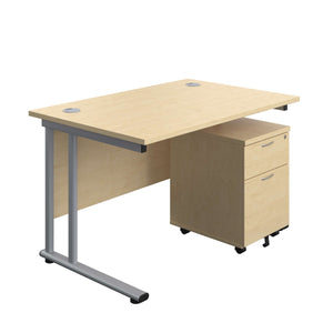 Twin Upright Rectangular Desk + Mobile 2 Drawer Pedestal (FSC) | 1200X800 | Maple/Silver