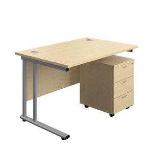 Twin Upright Rectangular Desk + Mobile 3 Drawer Pedestal (FSC) | 1200X800 | Maple/Silver