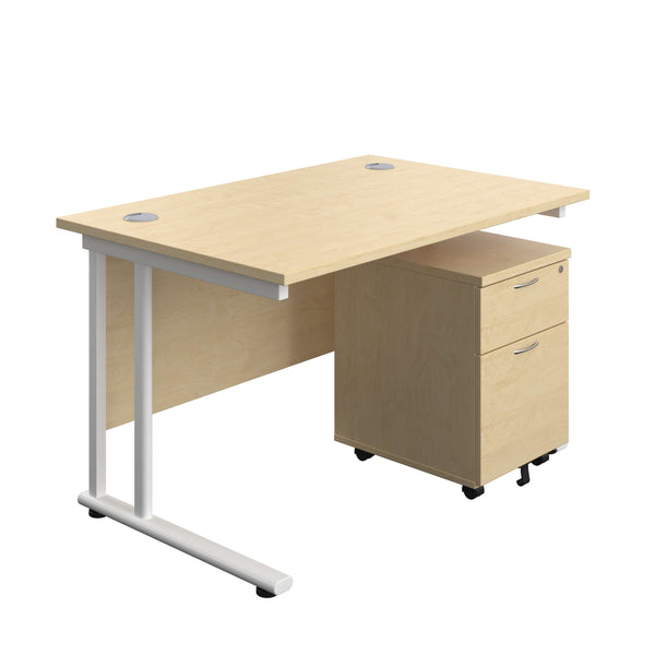 Twin Upright Rectangular Desk + Mobile 2 Drawer Pedestal (FSC) | 1200X800 | Maple/White